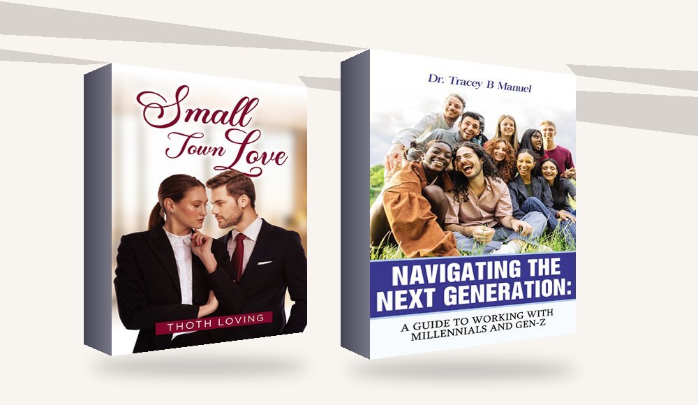 3D mockups of Small Town Love and Navigating the Next Generation displayed side by side